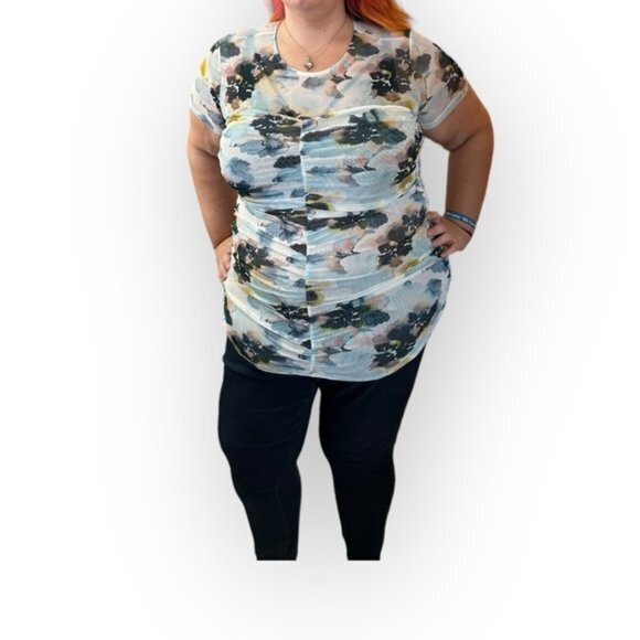 🆕 NWT Torrid 1 2 3 Watercolor Stretch Mesh Neck Ruched Top 14 16 18 20 22 24 - Picture 1 of 16
